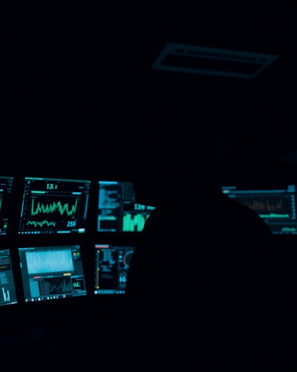 Intelligence analyst at workstation with multiple monitors